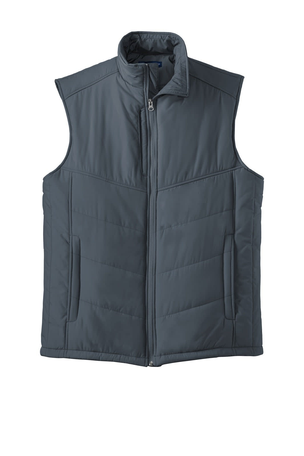 A grey Port Authority puffy vest with a high collar and zippered front, featuring two side pockets.