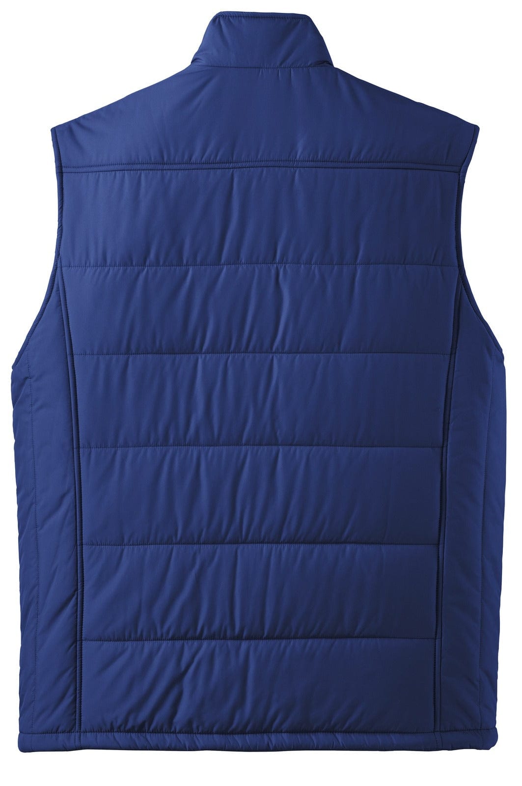 A navy puffy vest with a quilted design and a collar, featuring a branding logo.