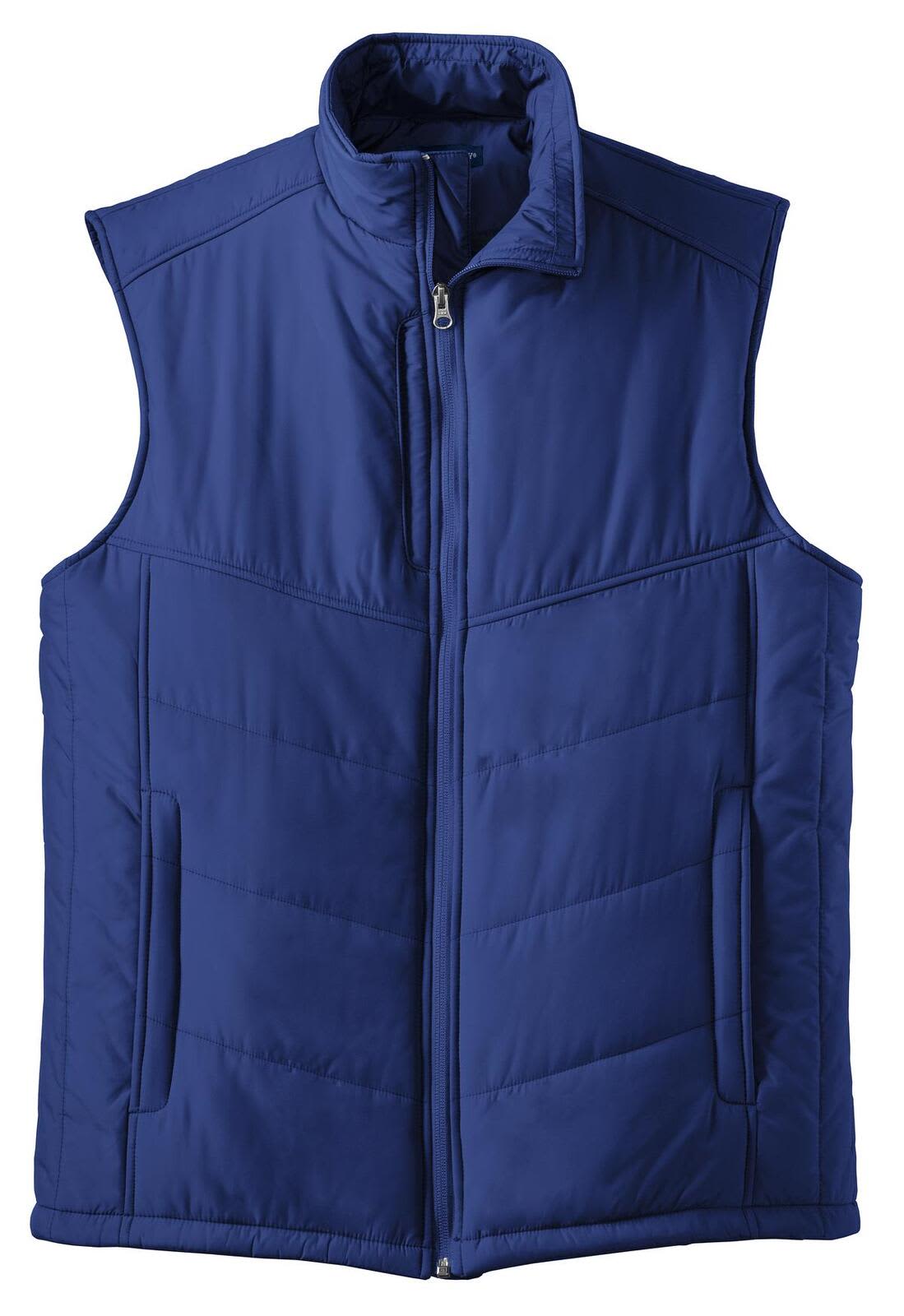 A navy blue puffy vest with a front zip, featuring side pockets and a high collar. It has a logo on it.