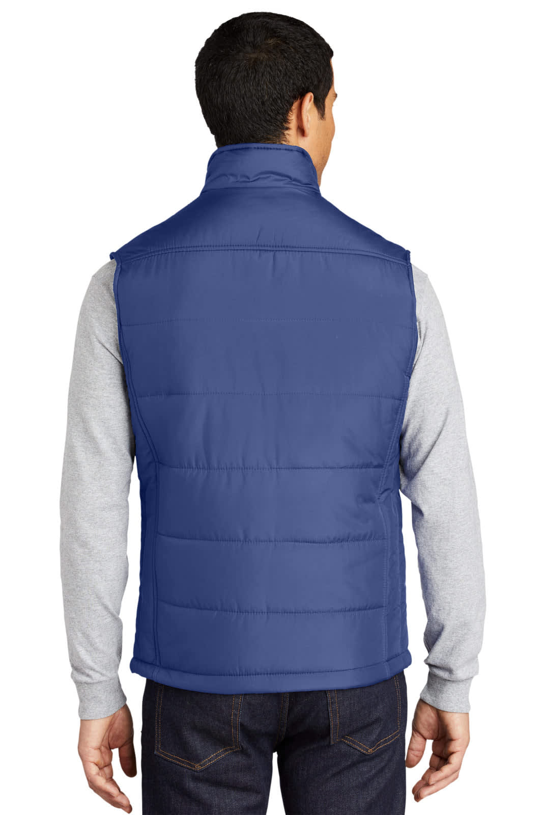 A blue puffy vest is displayed on a person from the back, featuring a high collar and quilted design.