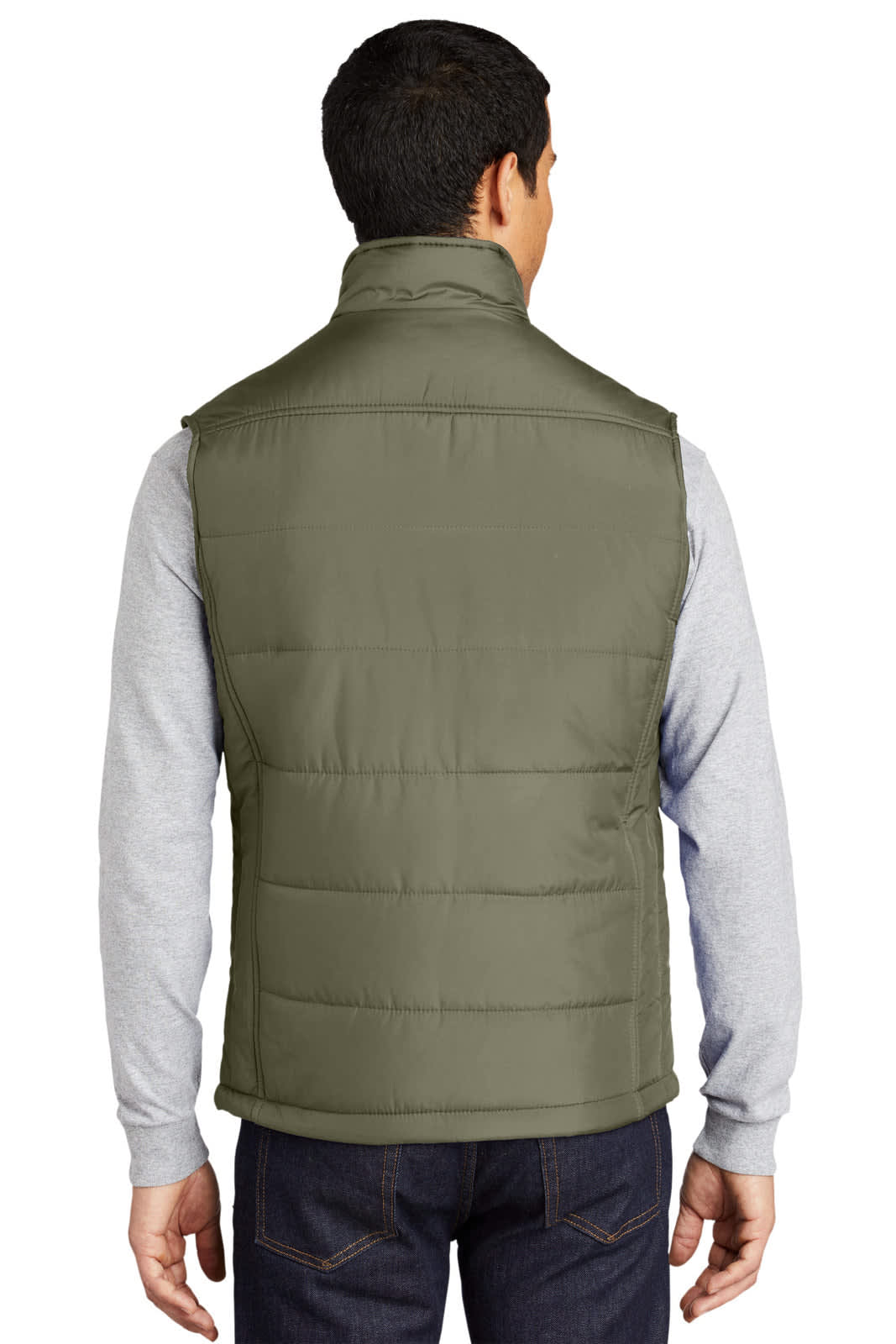 A man wearing an olive green puffy vest with a high collar, viewed from the back. The vest features a logo.