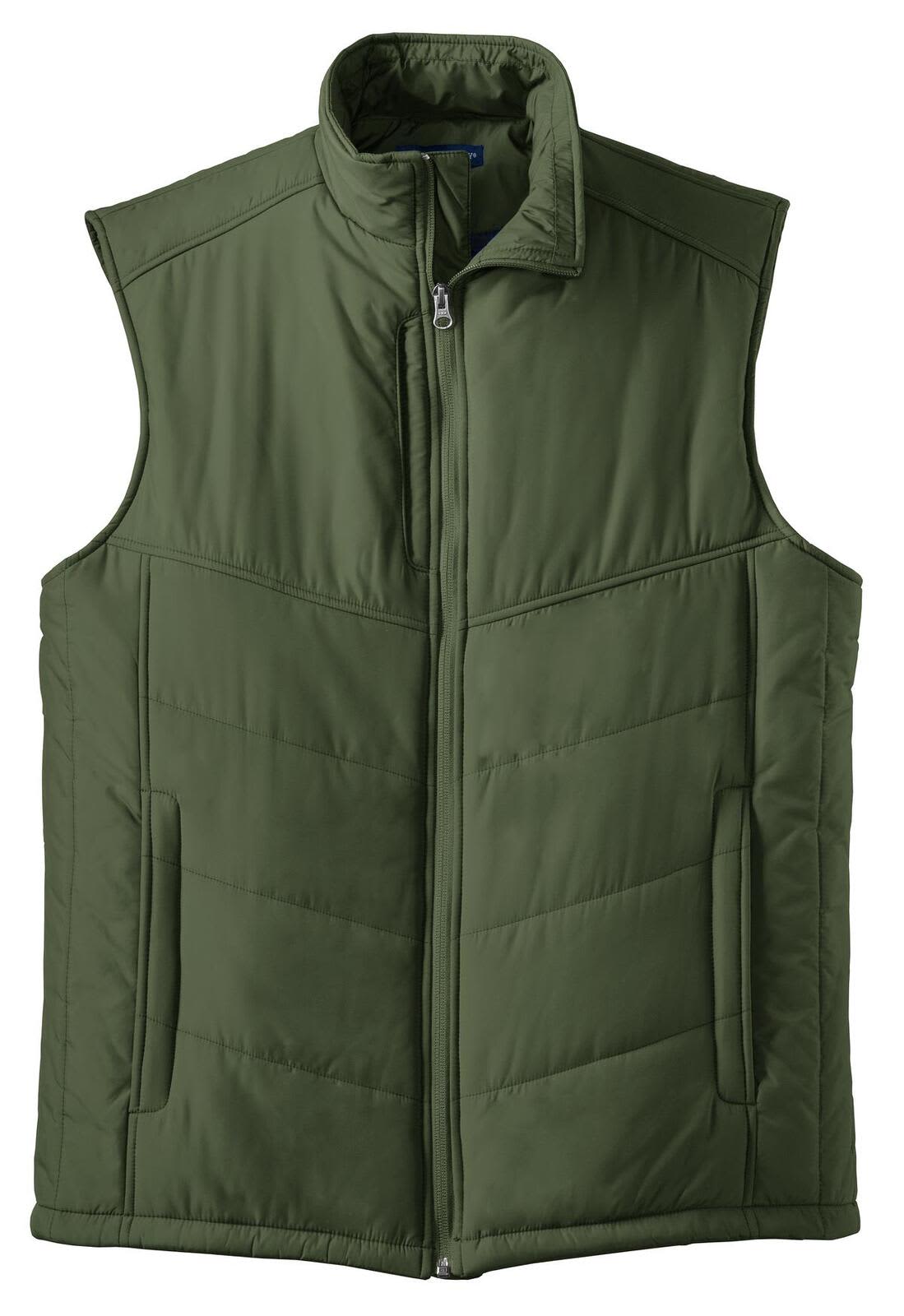 A green puffy vest featuring a zip front and side pockets, with a branding logo on it.