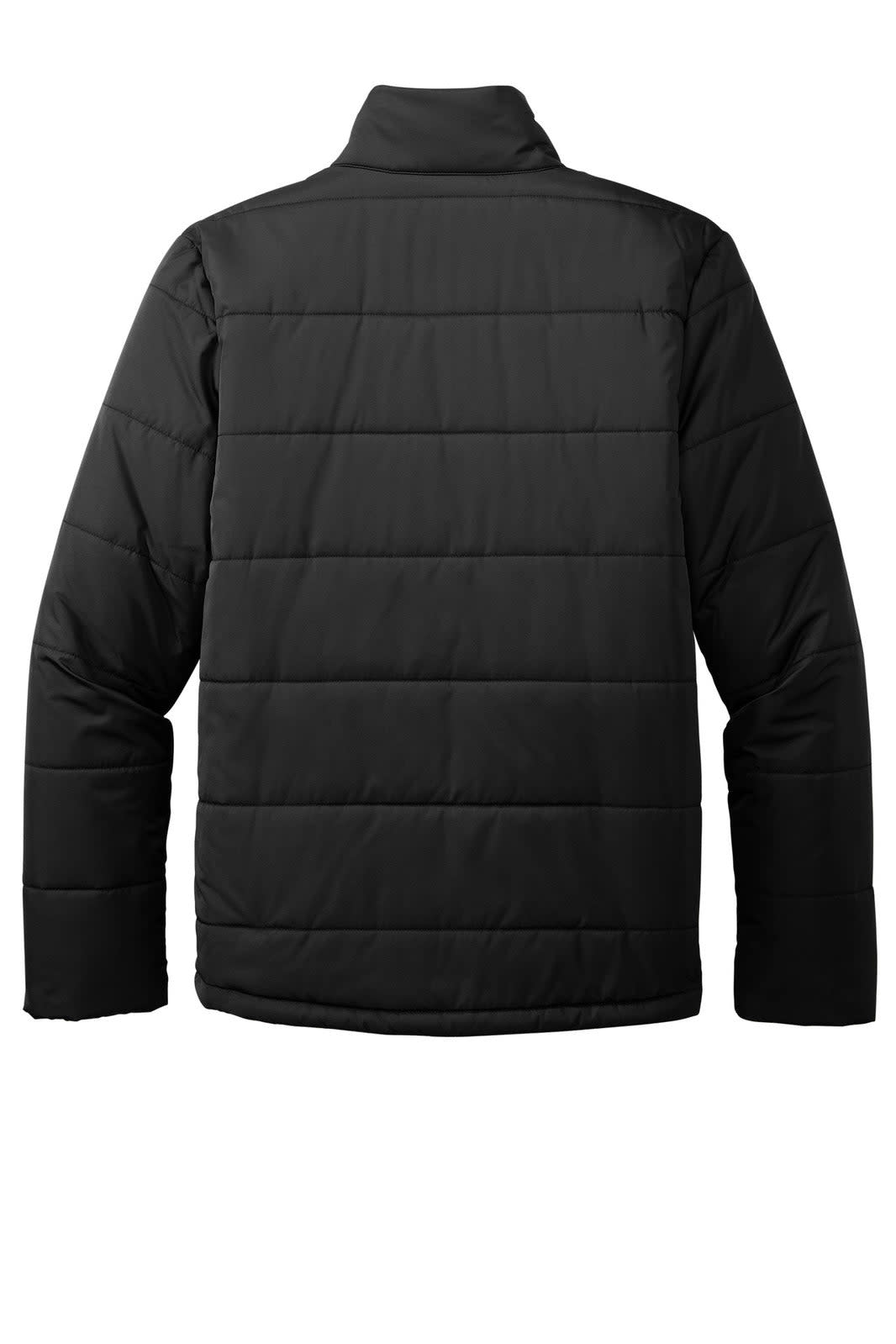 A black Puffer Jacket featuring a quilted design and a collar, with a logo on the back.