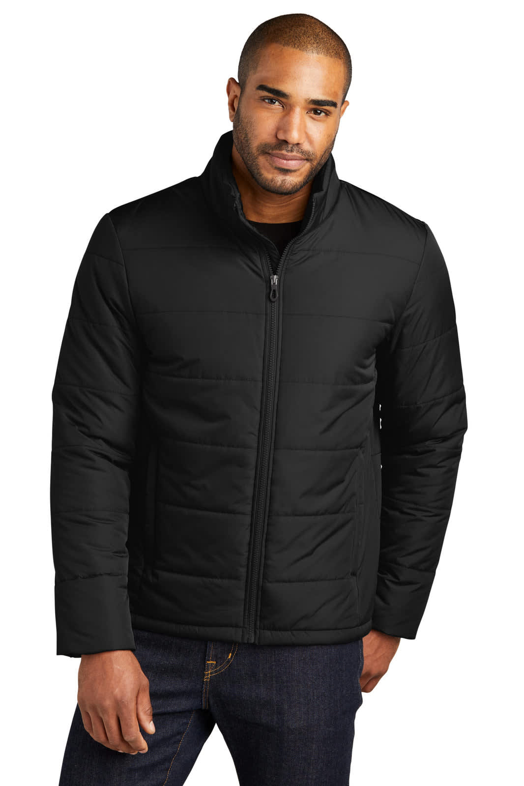 A black puffer jacket with a standing collar and a front zipper, featuring a logo.