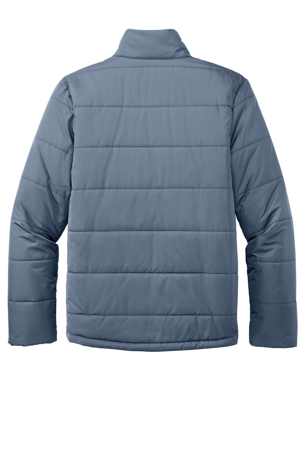 A blue puffer jacket with a simple design and an attached collar, featuring a logo on the back.