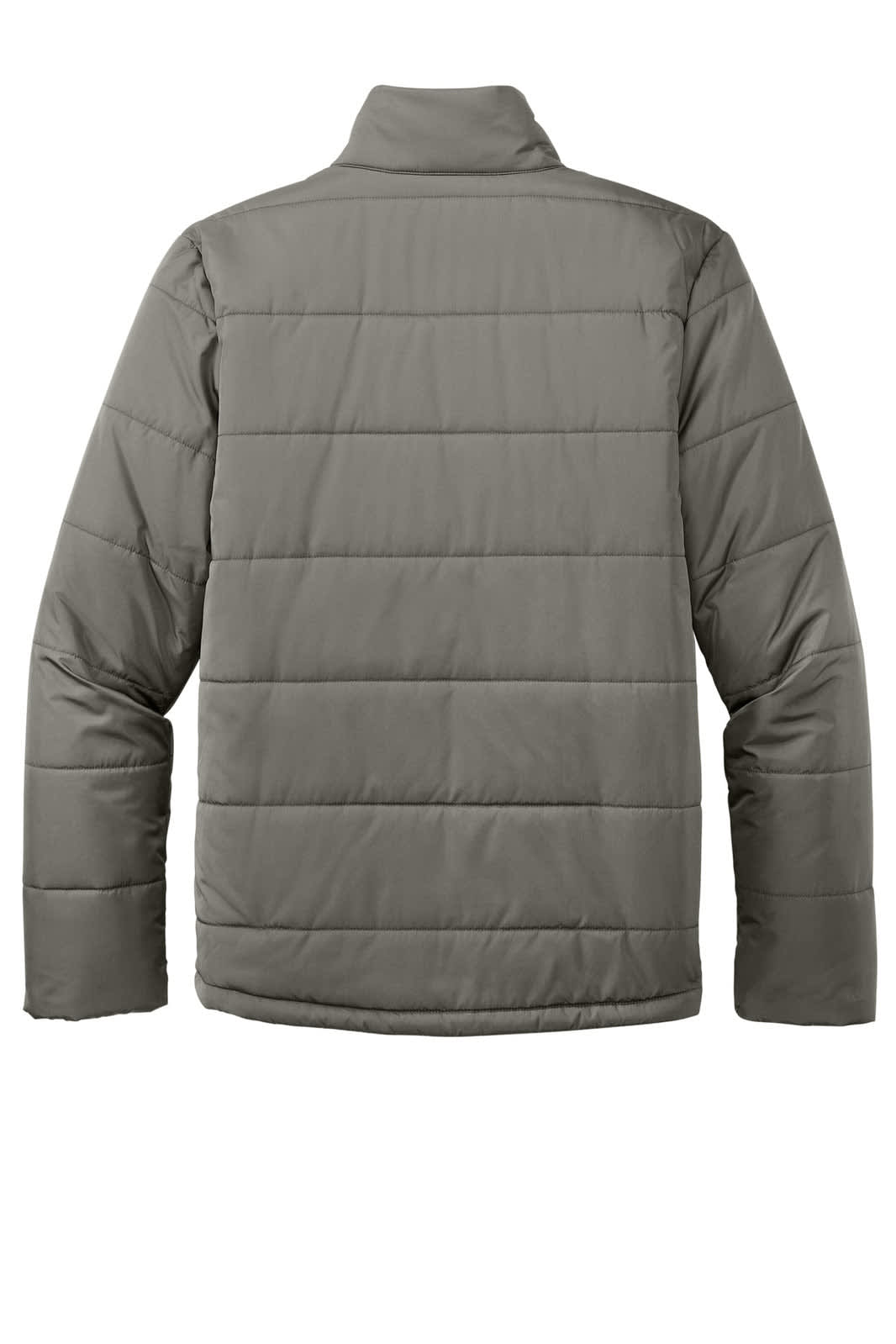 A grey puffer jacket featuring a quilted design and high collar, with a visible logo on the back.