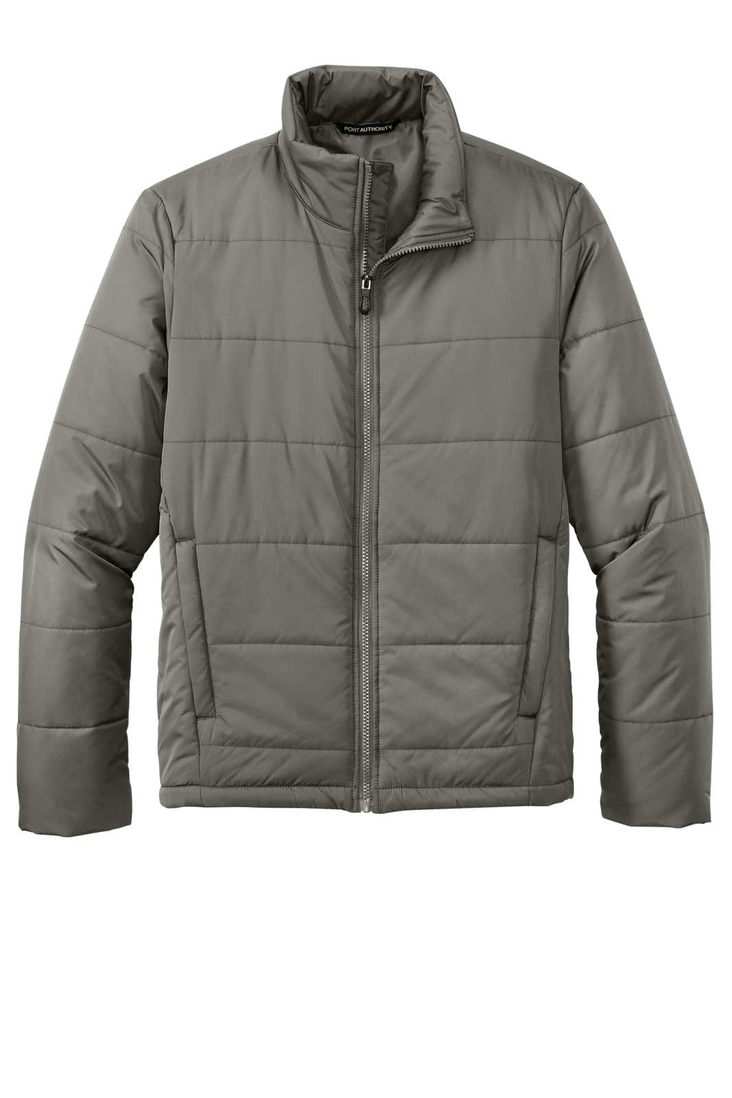 A grey puffer jacket with a zip front, featuring a stand-up collar and a branded logo.