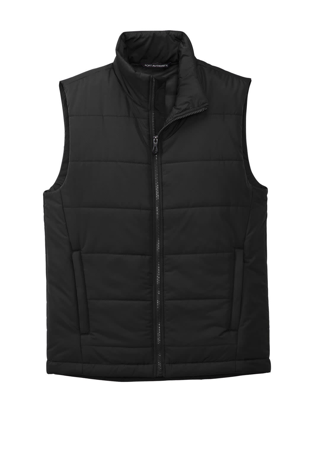 A black puffer vest featuring a zip closure and a stand-up collar. The vest has a minimalist design and a logo.