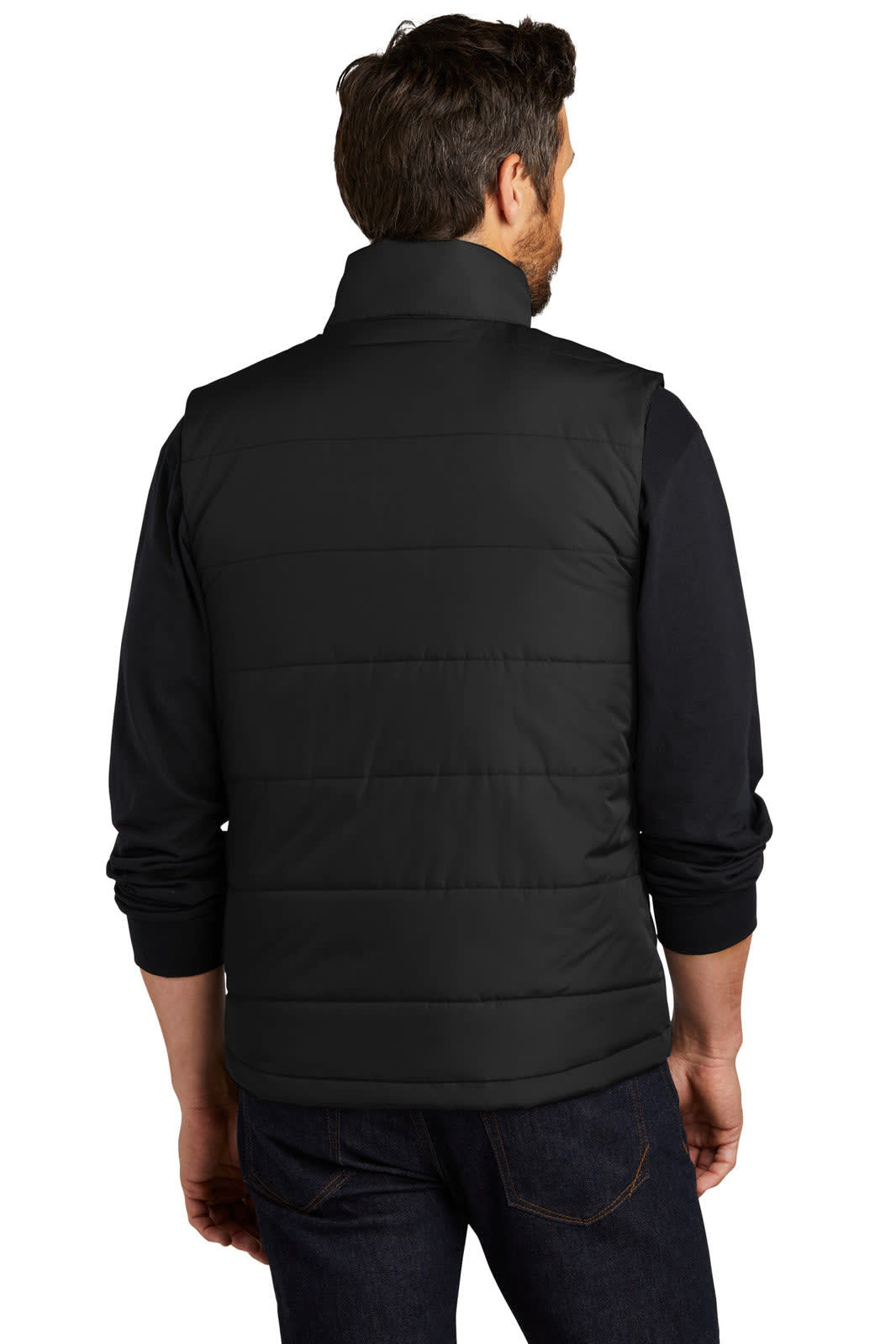 A black puffer vest is displayed on a person from the back, featuring a zip design and quilted texture.