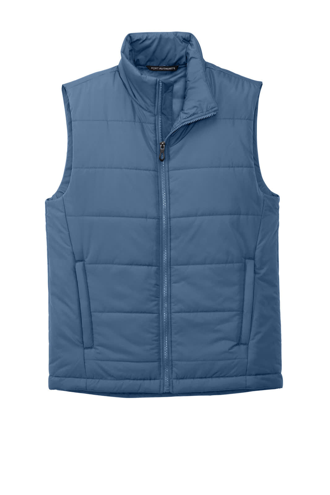 A blue puffer vest with a high collar, zip closure, and two front pockets. It features a logo.