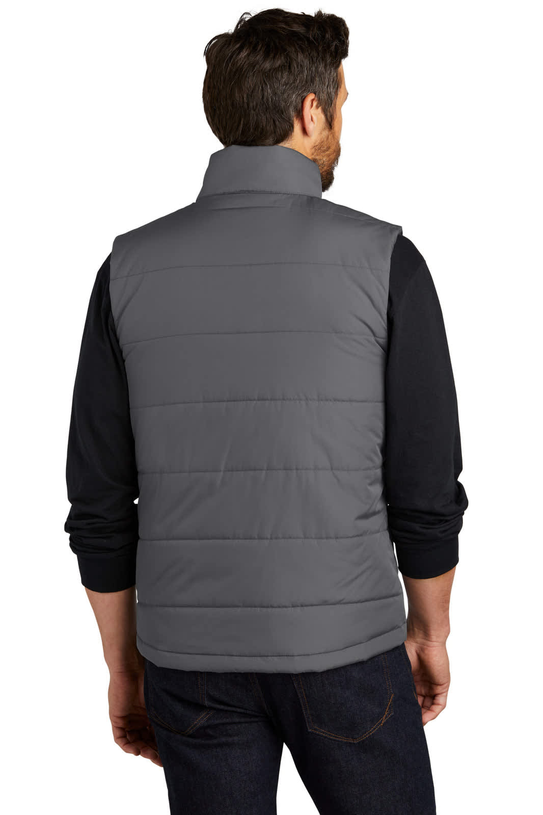 A grey Port Authority puffer vest featuring a high collar and a padded design, view from the back.