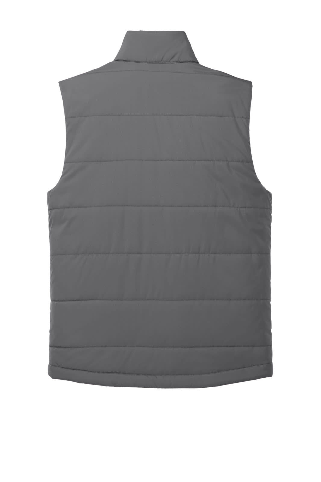 A grey puffer vest with a sleeveless design and a quilted pattern, featuring a logo on the front.