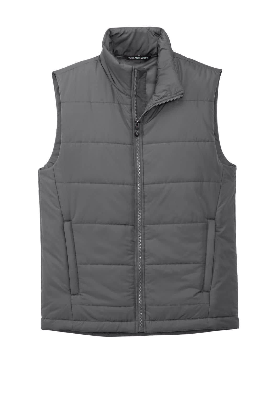 A grey puffer vest featuring a high collar, zip front, and side pockets, with a branding logo.
