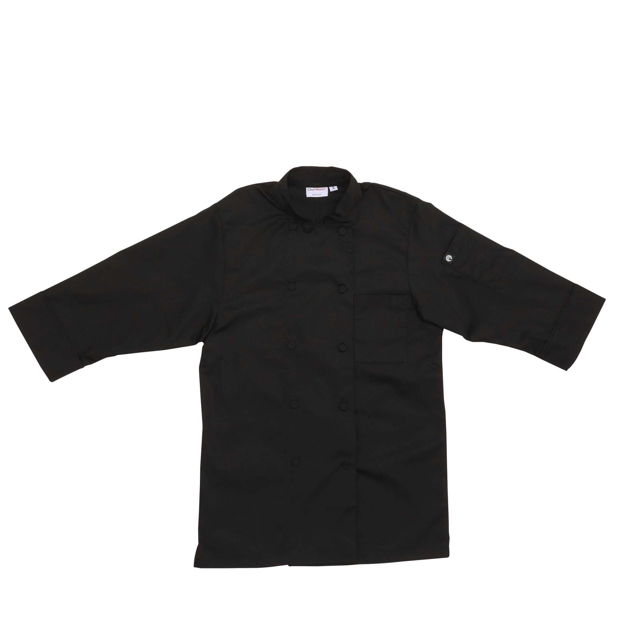 A black chef jacket featuring a button-up front and long sleeves, with a small logo on the sleeve.