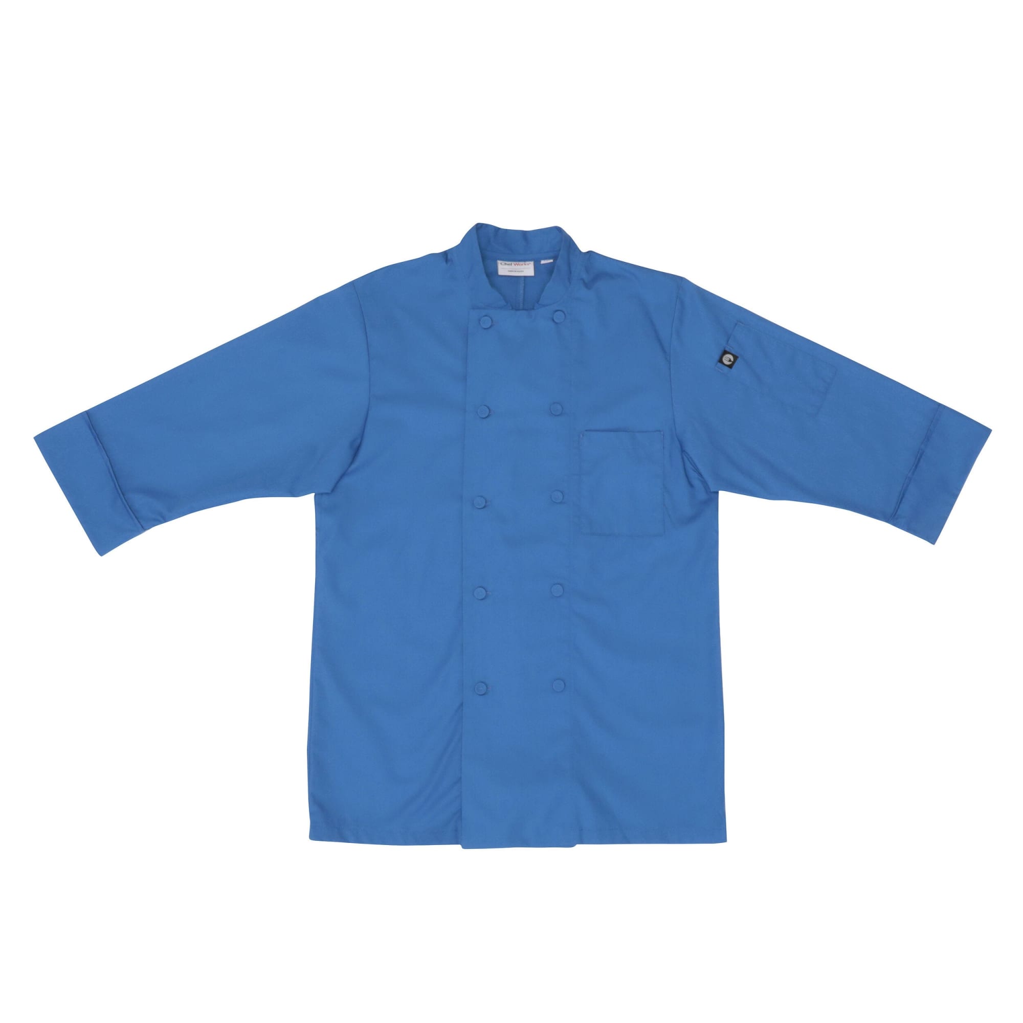 A blue men's chef jacket with long sleeves and a front pocket, featuring a logo on the sleeve.