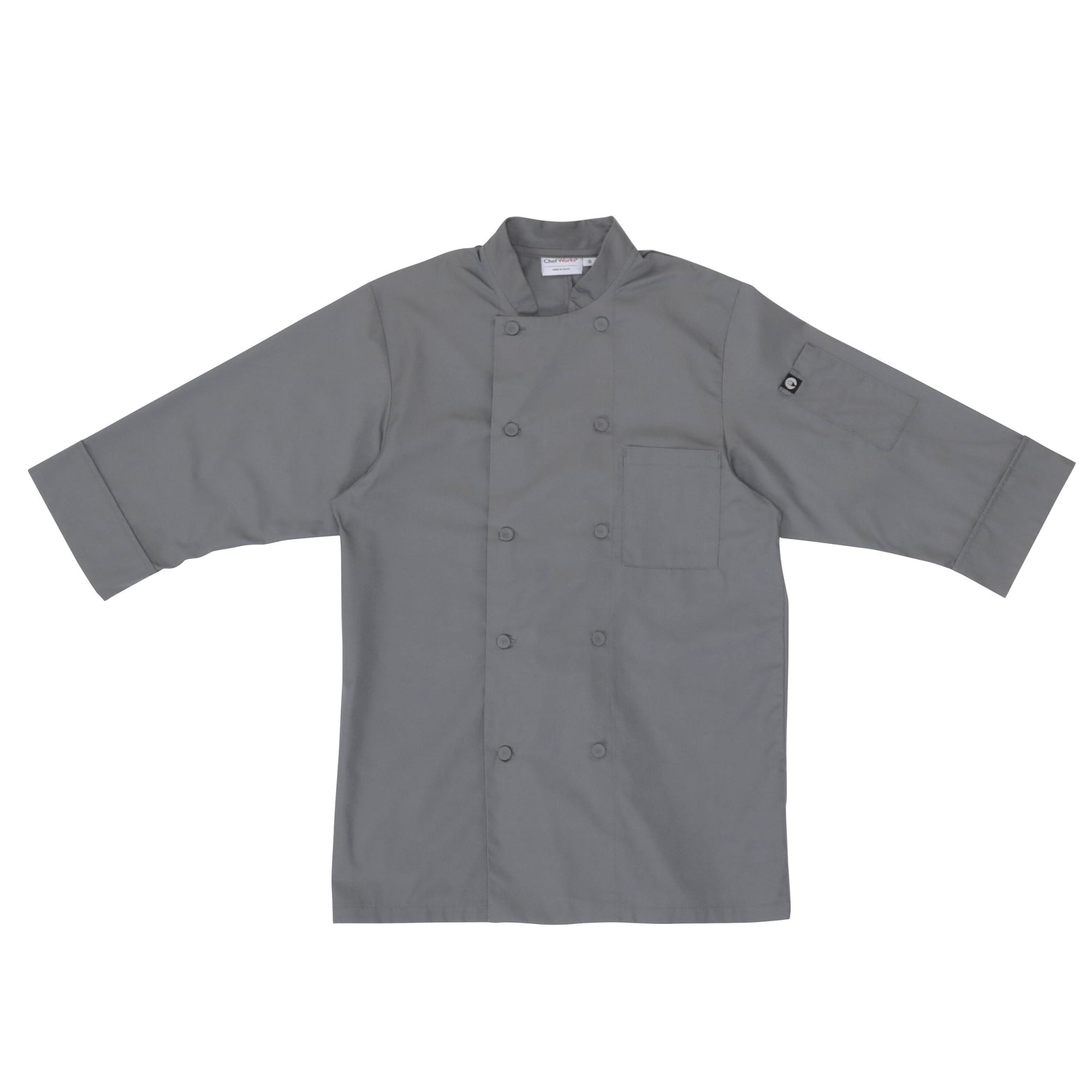 A grey men's chef jacket featuring short sleeves and a chest pocket, with a branding logo on one sleeve.