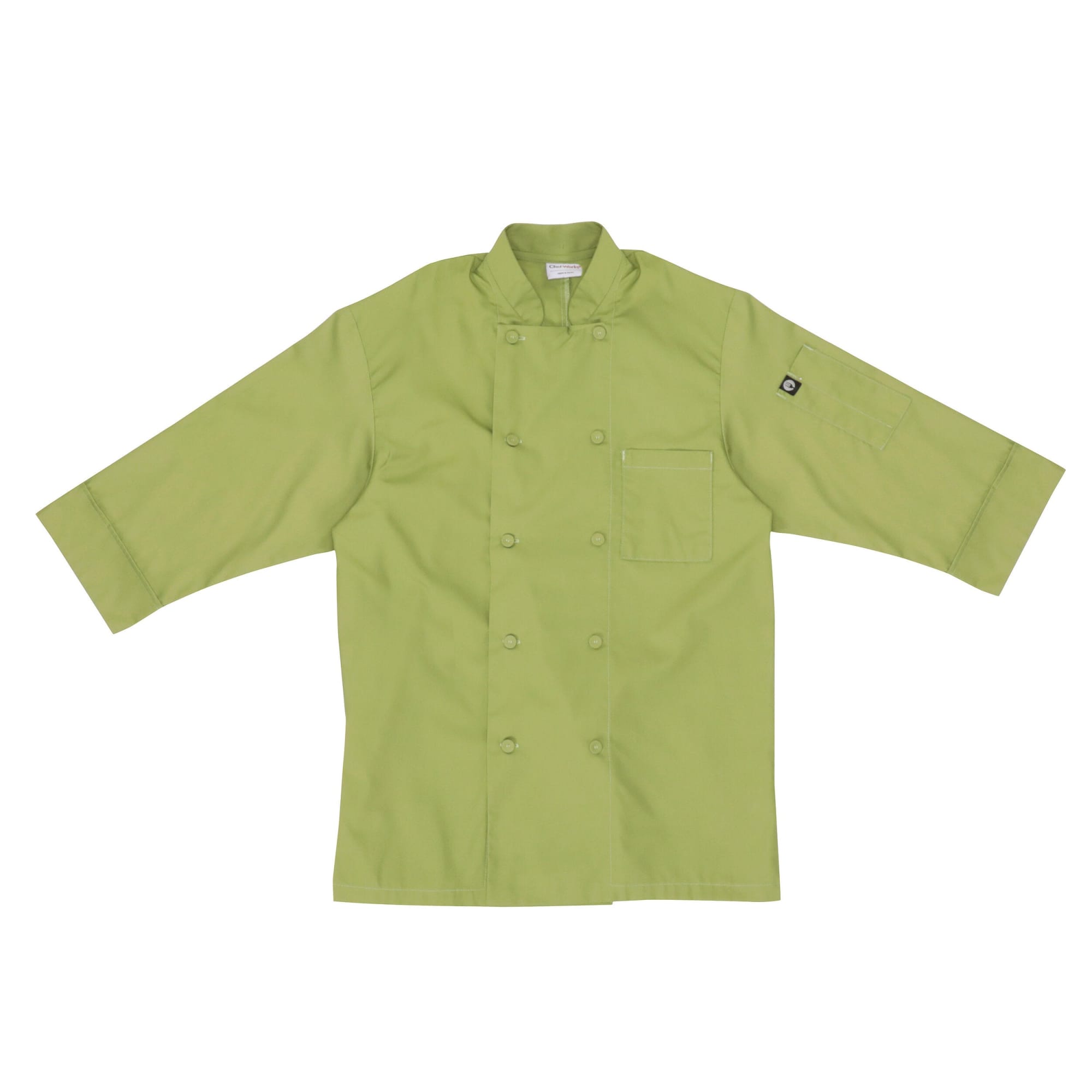 A green men's chef jacket with a pocket and a logo on one sleeve.