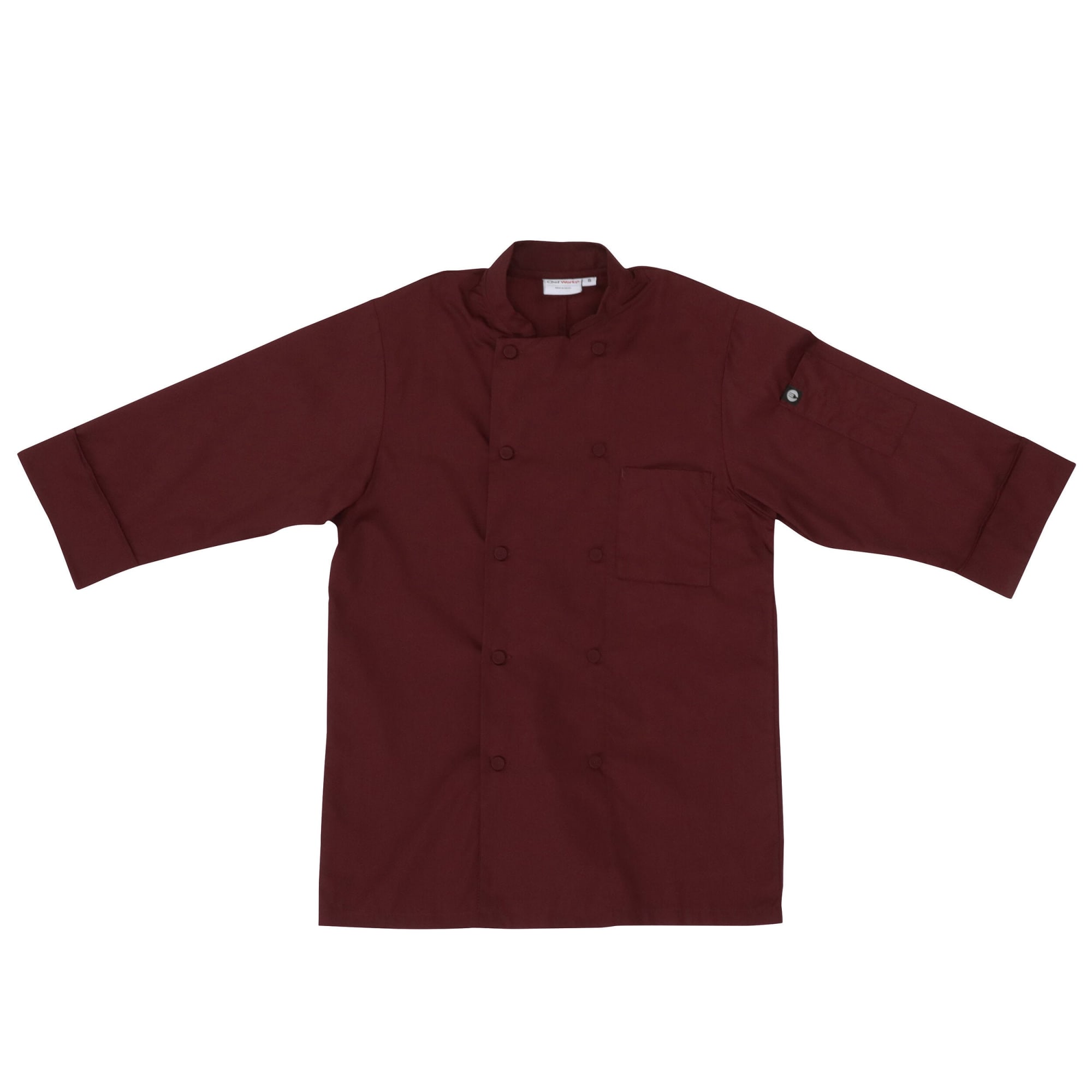 A maroon men's chef jacket with a pocket and button details. It has three-quarter sleeves and a slight sheen.