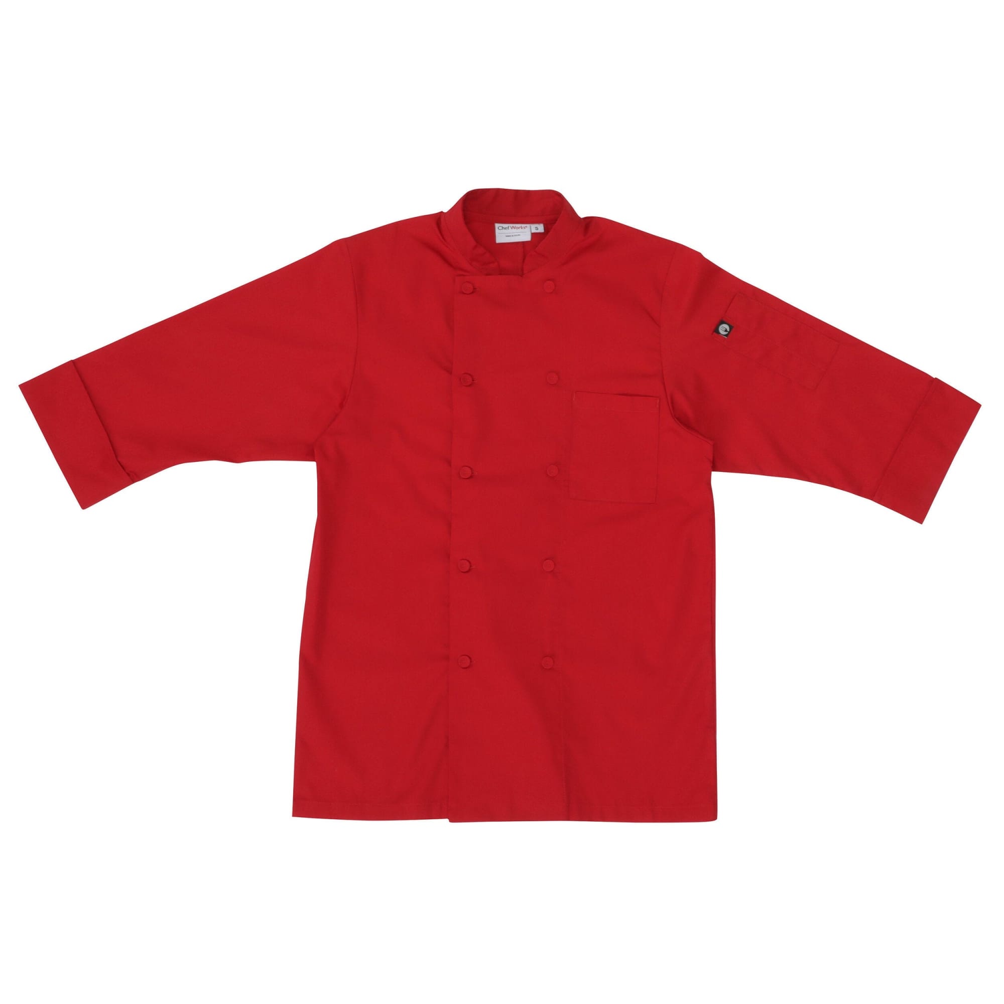 A red men's chef jacket with long sleeves and a single pocket, featuring a logo on one sleeve.