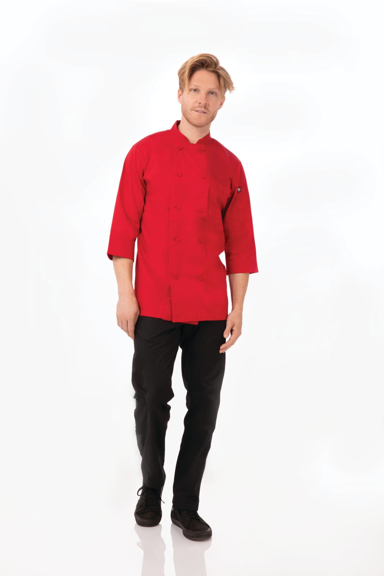 A red men's chef jacket is displayed on a model, paired with black trousers and shoes, against a white background.