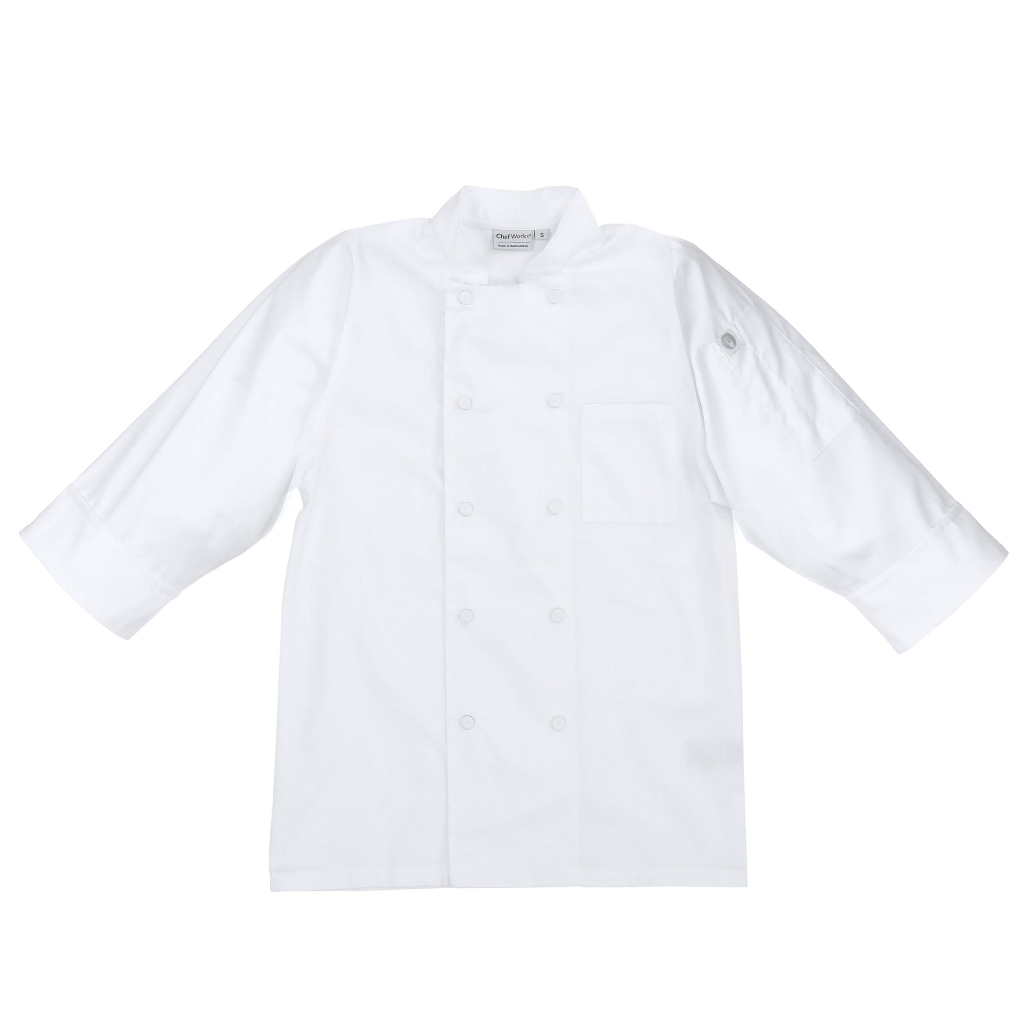 A white men's chef jacket with a double-breasted front and a logo on the sleeve.