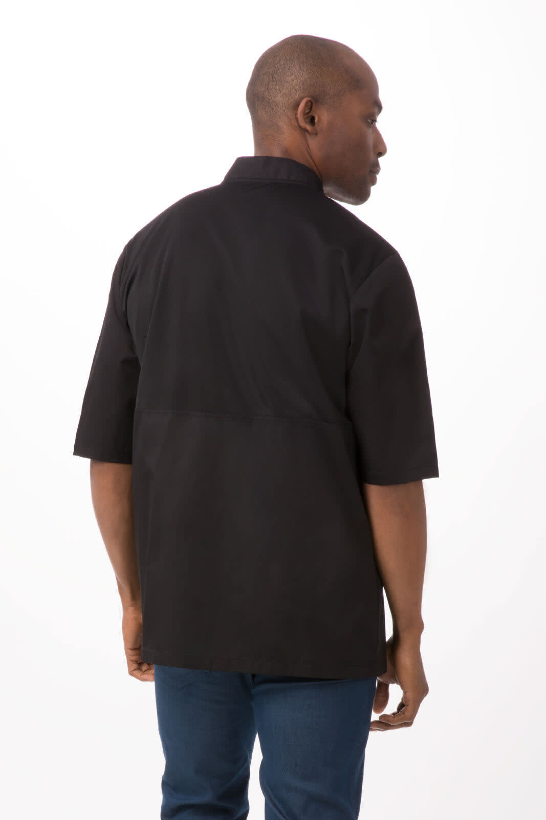 A men's chef jacket in black, featuring short sleeves and a back view, with a logo on the garment.