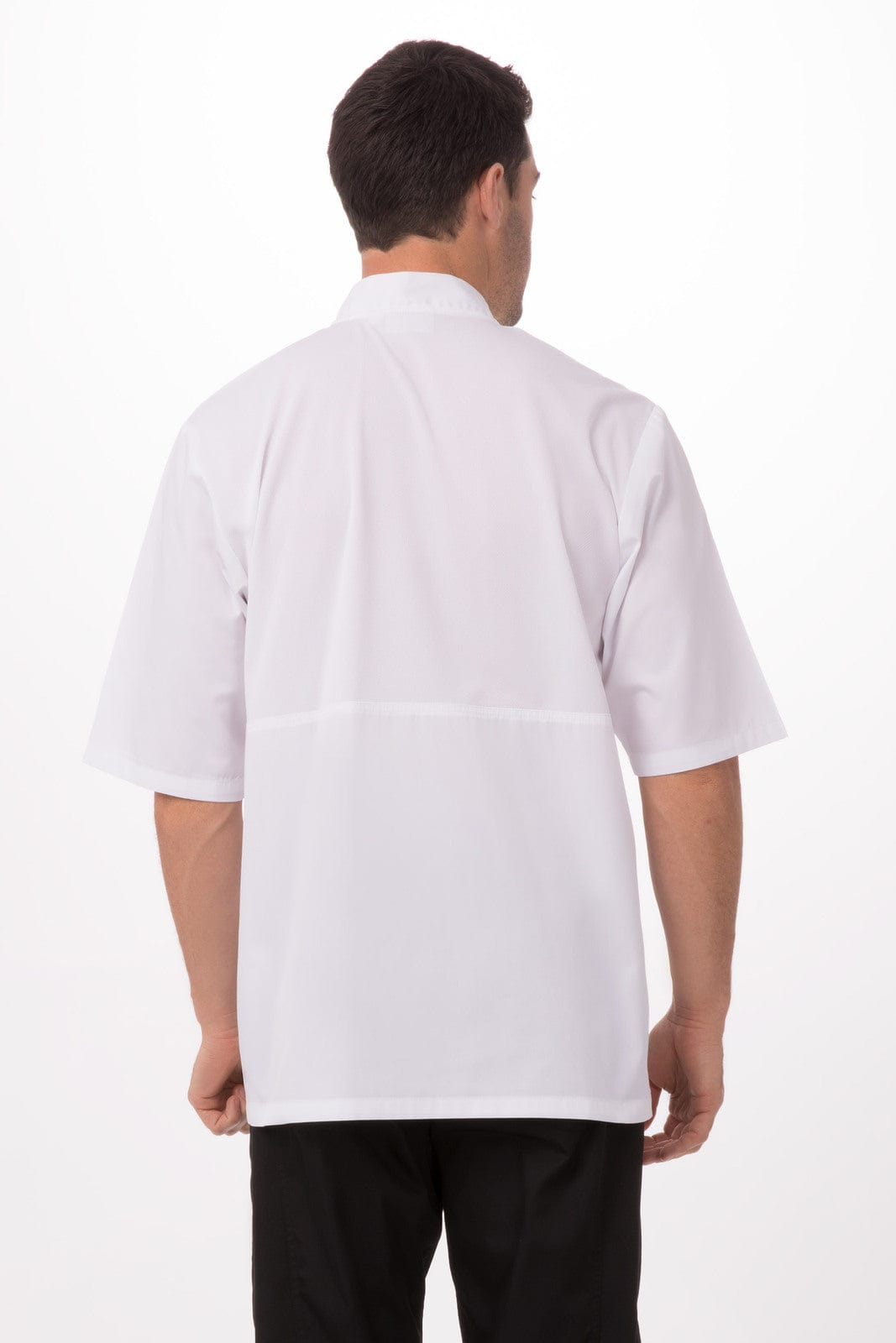 A white men's chef jacket with short sleeves, featuring a collar and a logo on the back.