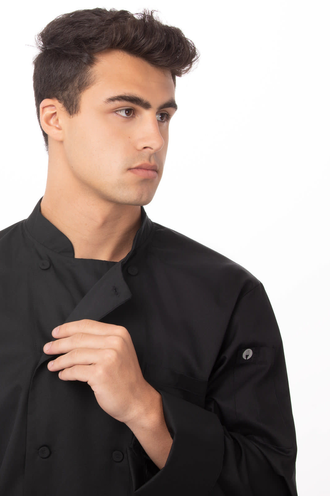 A black men's chef jacket features a double-breasted design and a logo on the sleeve.