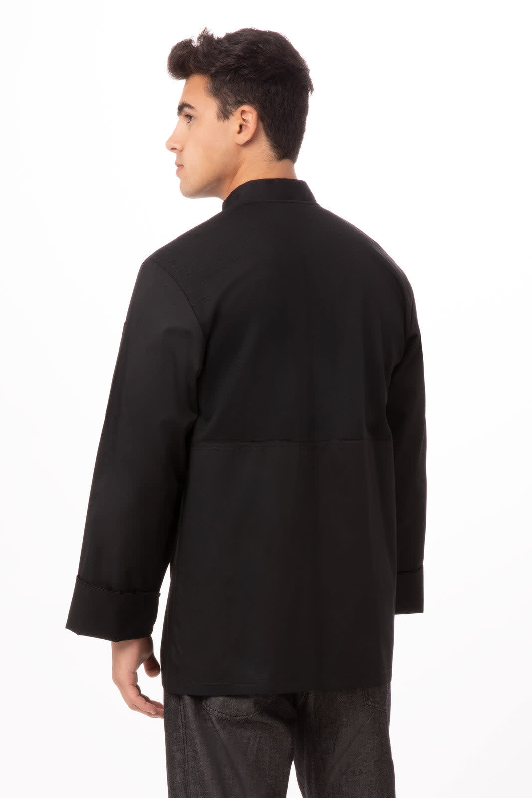 A black men's chef jacket featuring a simple design and a tailored fit, showcased from the back.