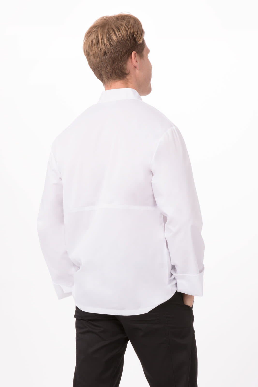 A white men's chef jacket with long sleeves, featuring a back view and a logo on the collar.