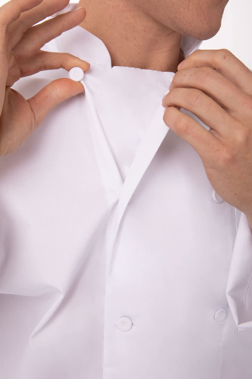 A white men's chef jacket featuring a button-up collar and a sleek, professional design. It includes a logo.