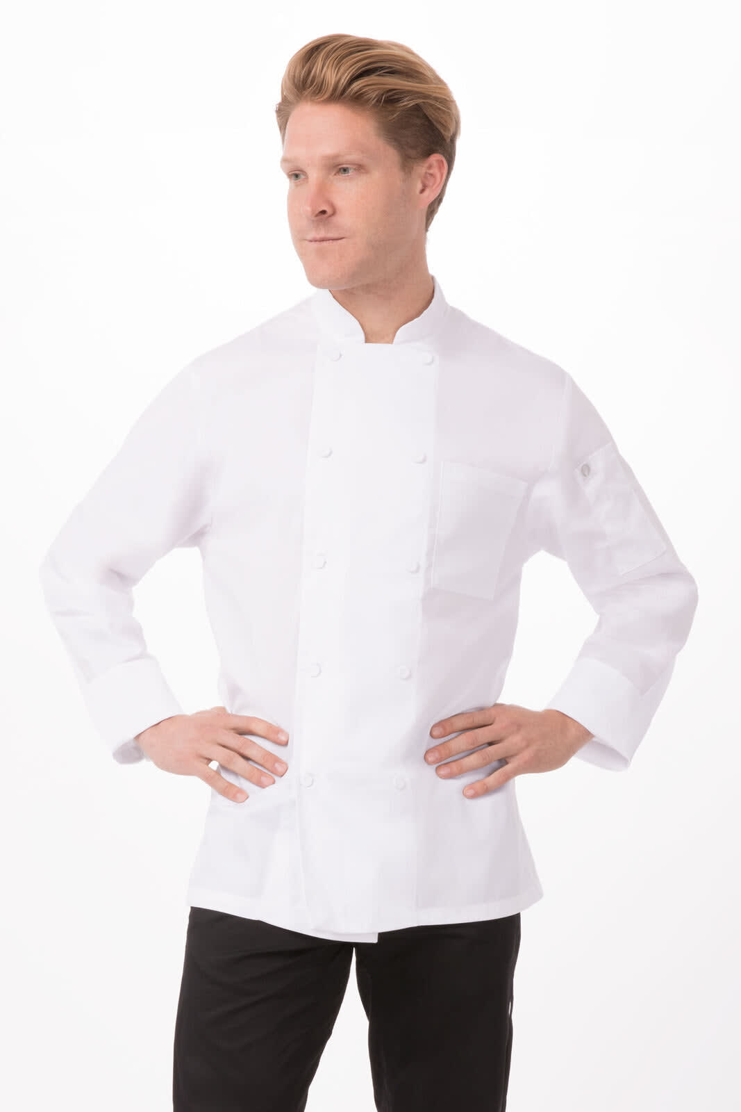 A model wearing a white men's chef jacket with long sleeves and a subtle logo on the sleeve.