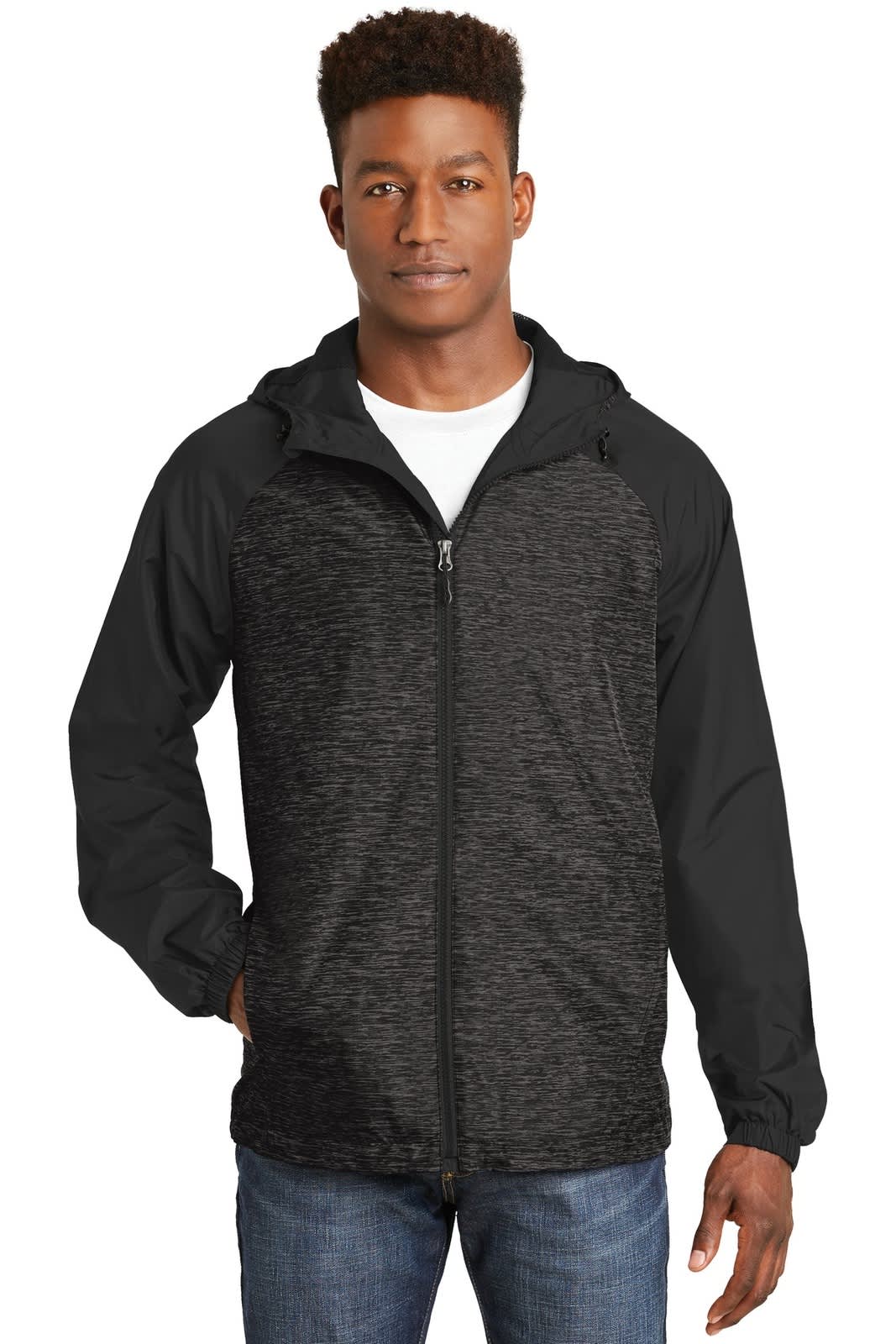 Sport-Tek Heather Colorblock Raglan Hooded Wind Jacket