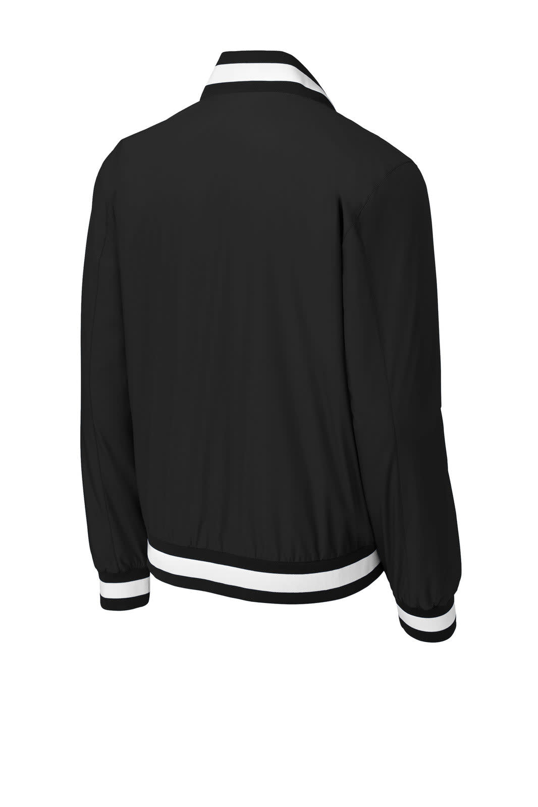 A black Sport-Tek insulated varsity jacket with white striped detailing at the collar and cuffs, featuring a logo.