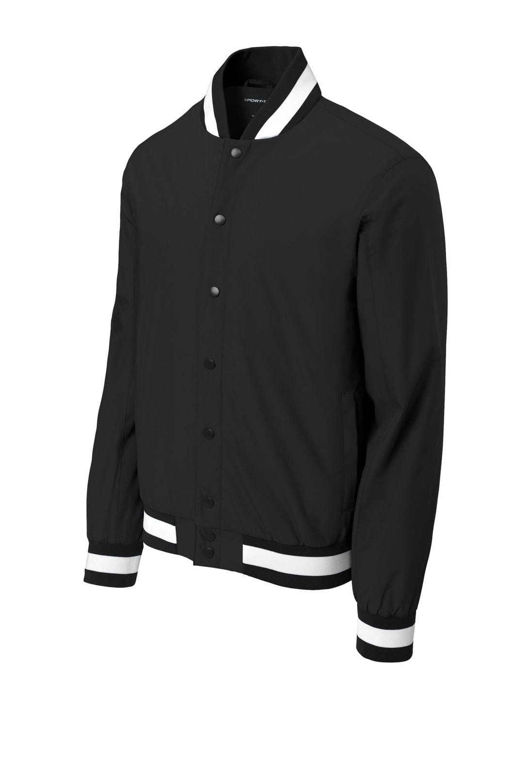 A black insulated varsity jacket with white striped accents and a logo on the front.