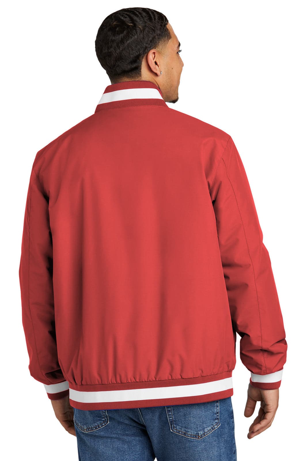 A red varsity jacket with white trim, featuring a logo, viewed from the back.