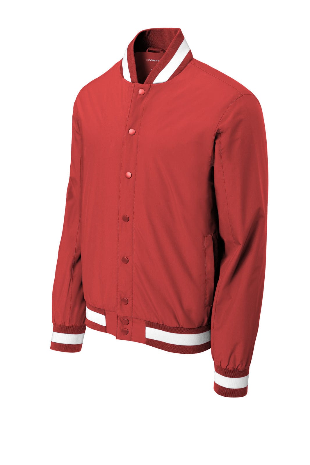 A red insulated varsity jacket with white stripes and a logo. Features a button-up front and ribbed collar.