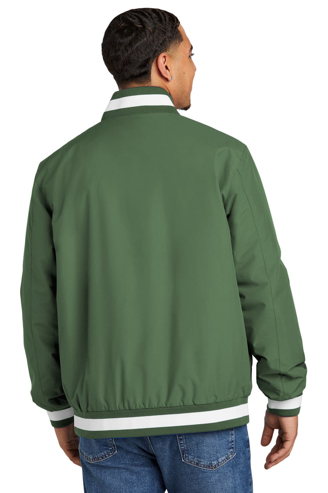 A green Sport-Tek Insulated Varsity Jacket with white accents, featuring a back view of a model.