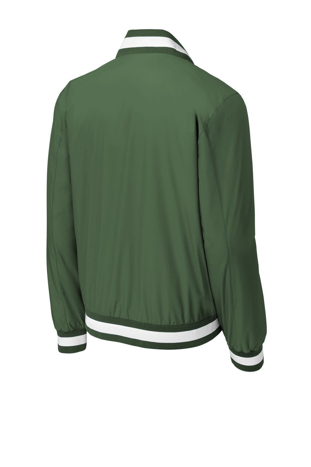 A green insulated varsity jacket featuring white stripes on the collar and cuffs. It has a logo on the back.