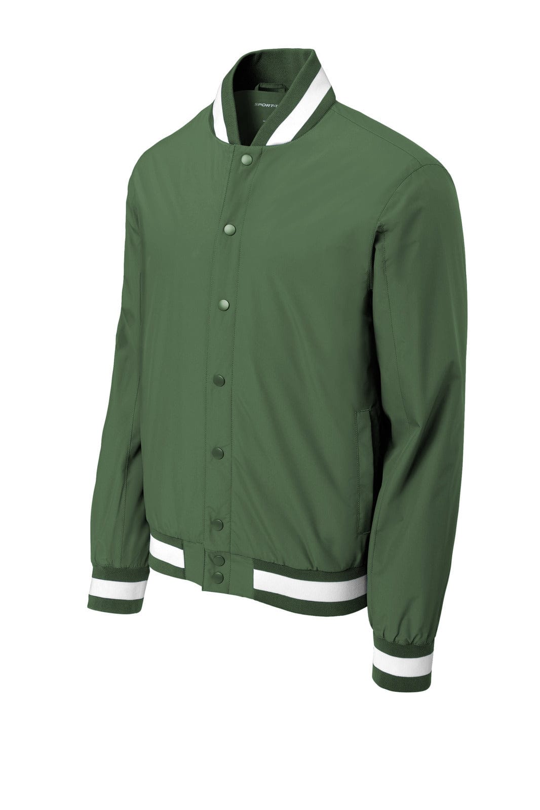 A green insulated varsity jacket with white striped cuffs and collar, featuring a front button closure and a logo.