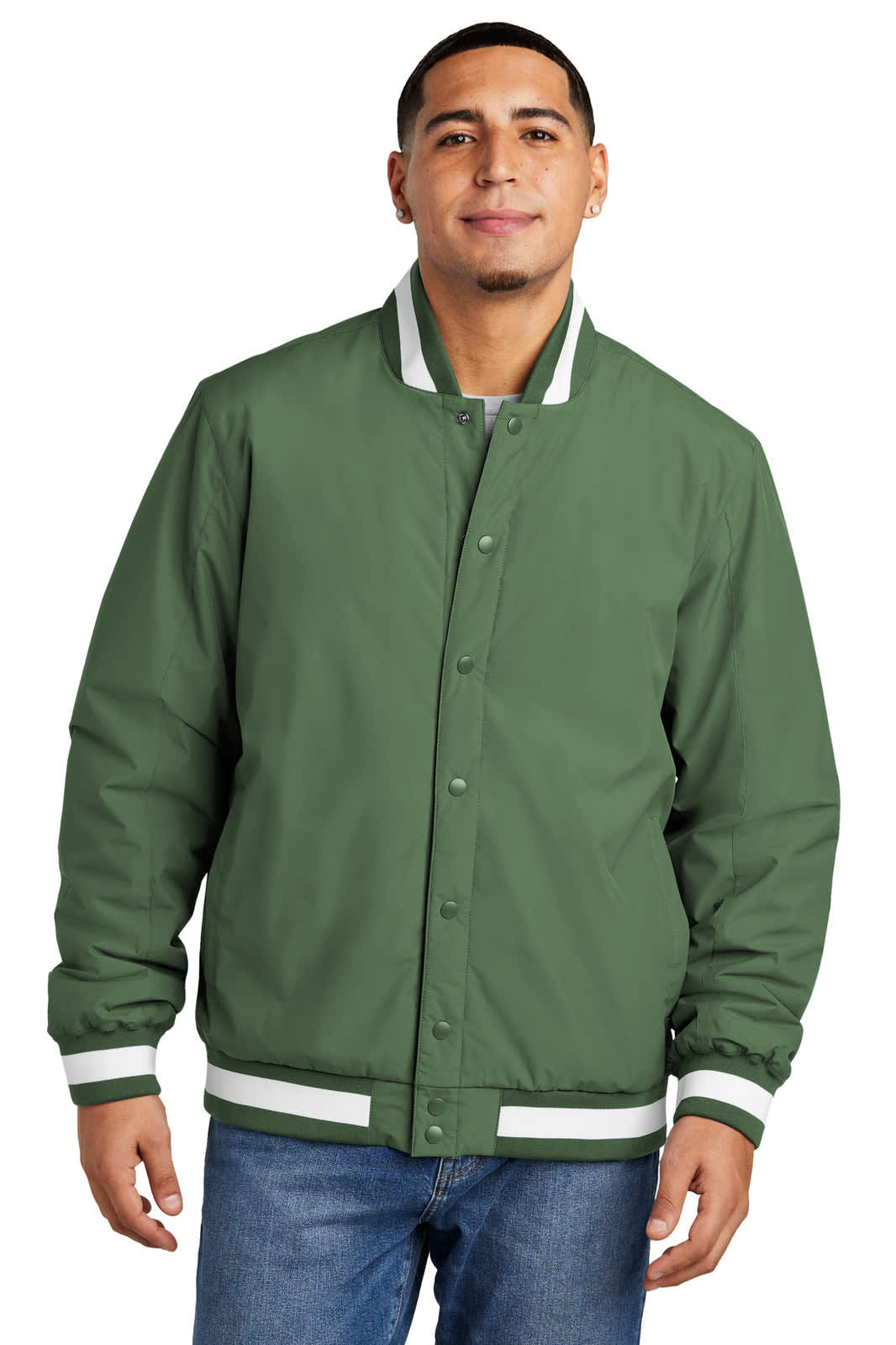 A green Sport-Tek Insulated Varsity Jacket featuring a button closure and striped detailing, worn by a model.