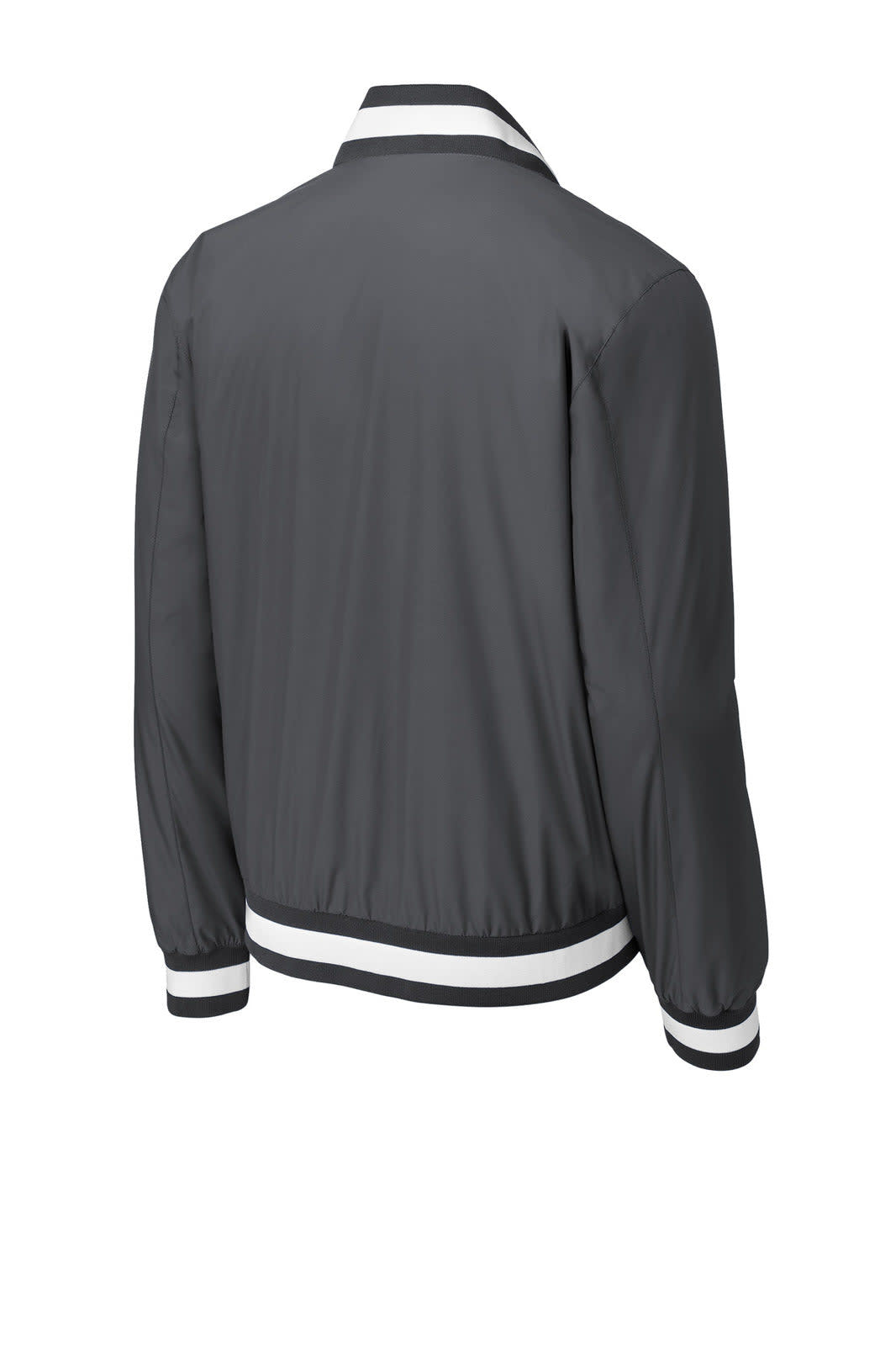 A grey insulated varsity jacket with white accents and a fitted design, featuring a logo on the back.