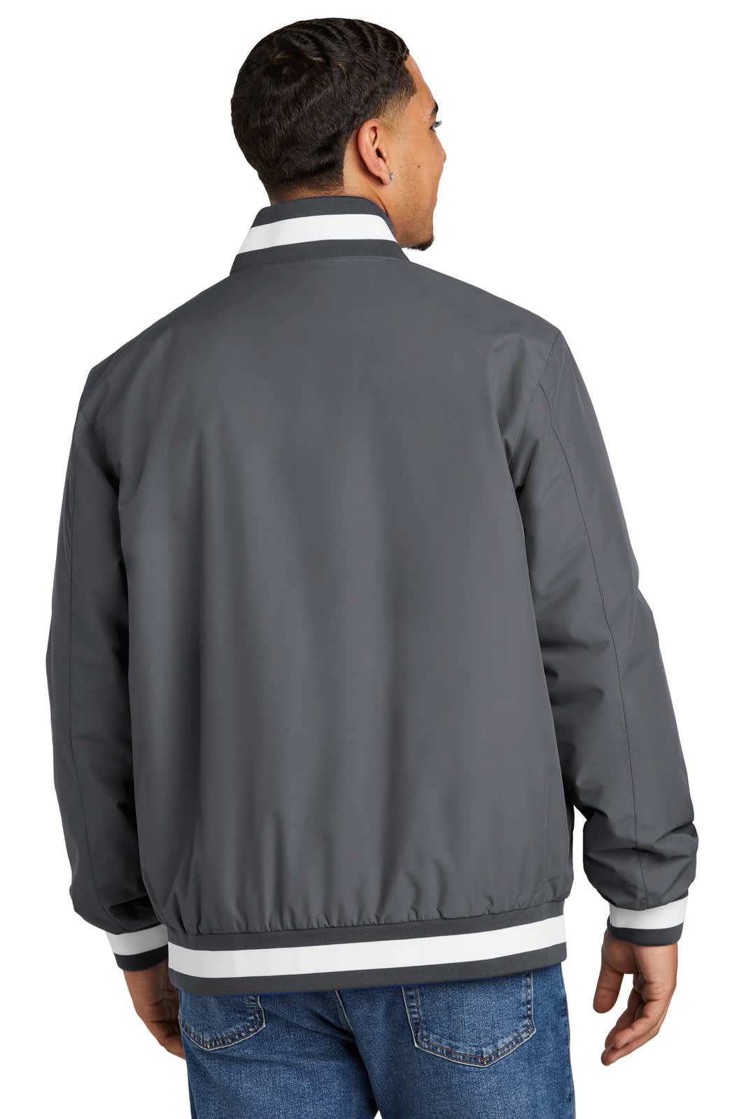 A grey insulated varsity jacket with contrasting white stripes on the collar and cuffs, featuring a logo.