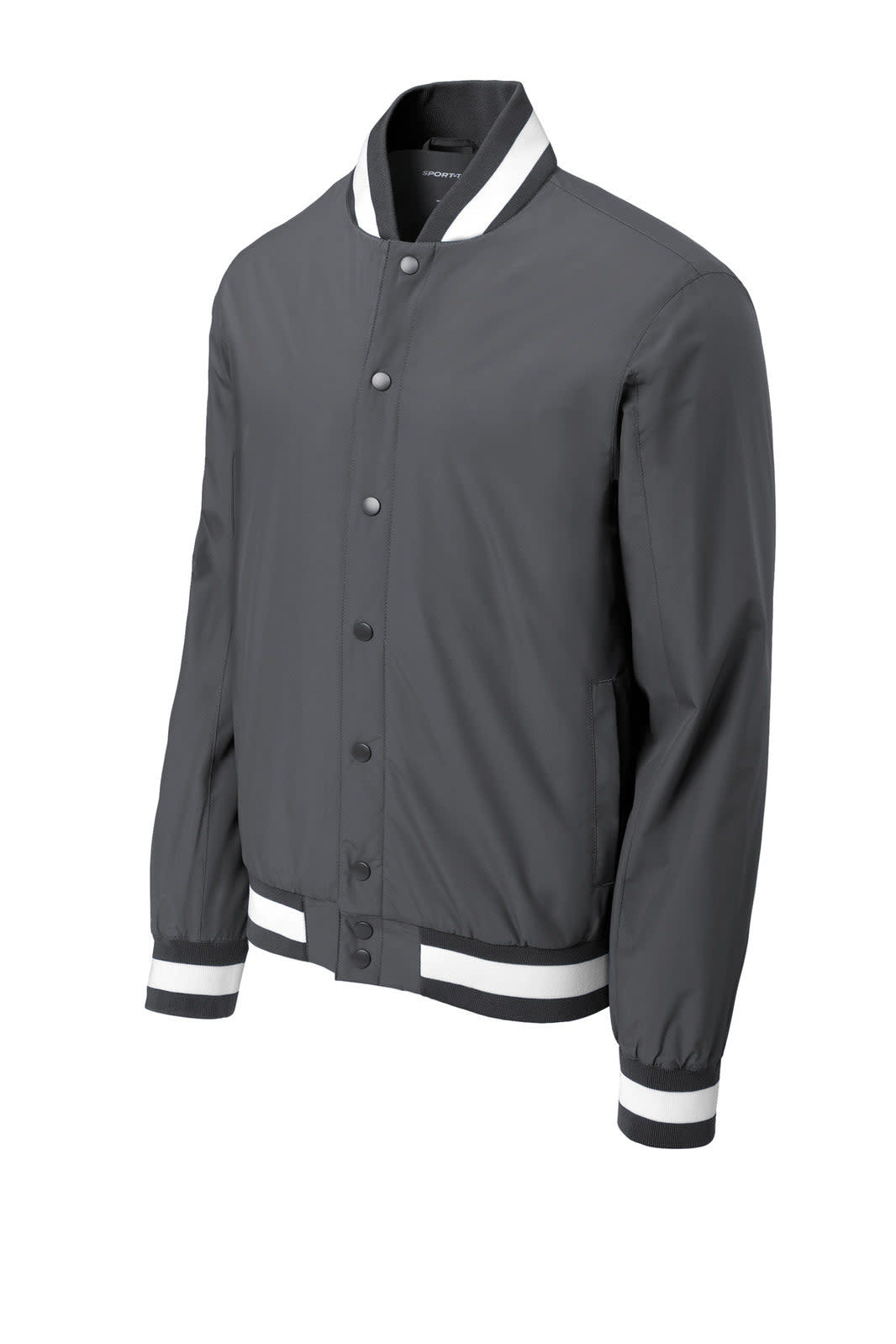 A grey varsity jacket with a ribbed collar and cuffs, featuring a logo on the chest and a snap-button front.