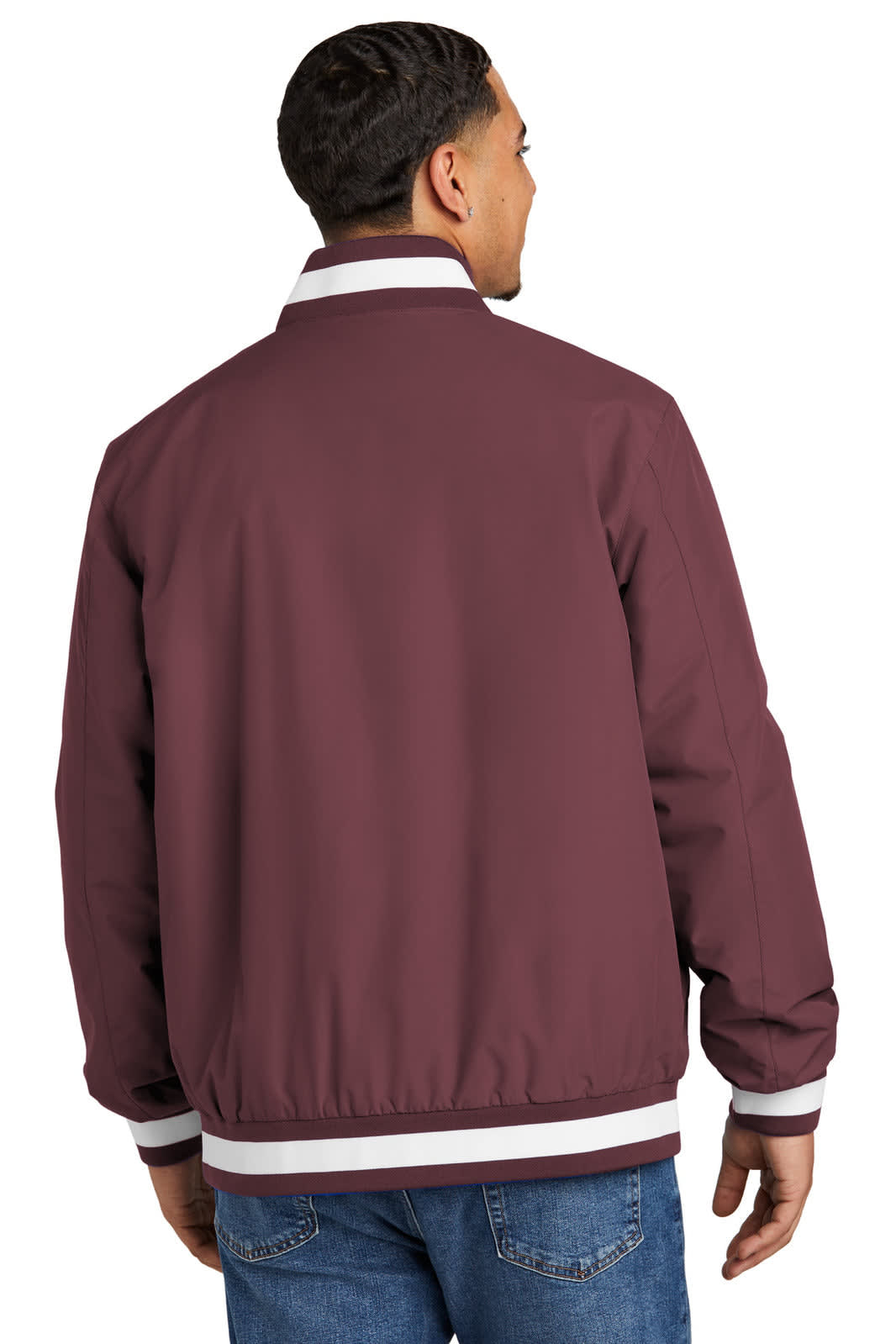 A maroon insulated varsity jacket with contrasting white stripes on the collar and cuffs. It has a logo on the front.