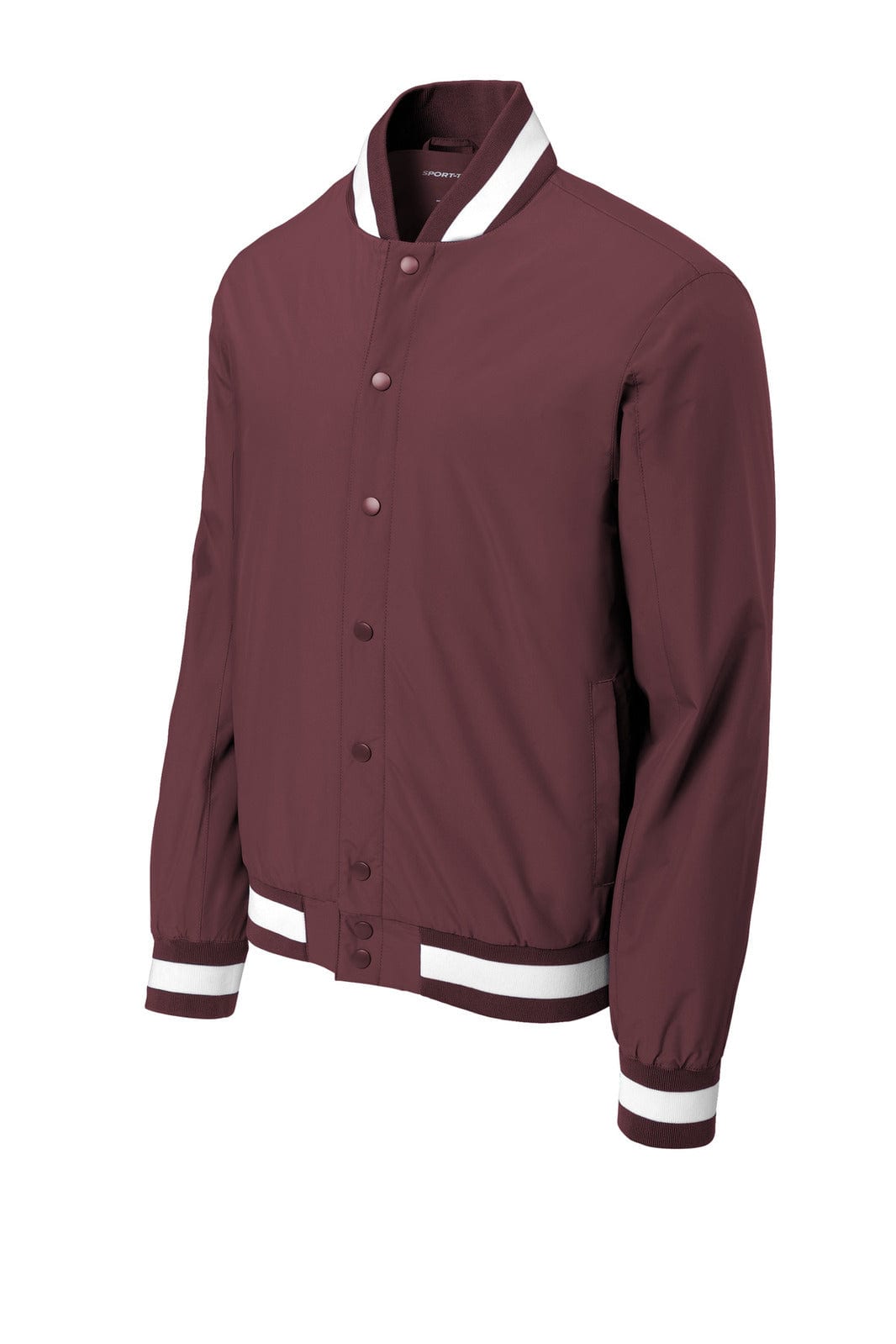 A maroon Sport-Tek Insulated Varsity Jacket with white striped detailing and a branded logo.