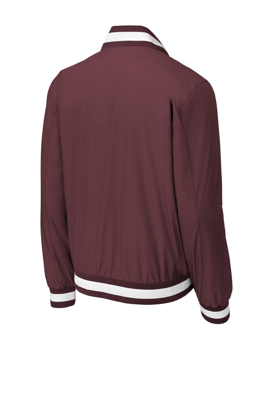 A maroon varsity jacket featuring a striped collar and cuffs, with a logo on the back.
