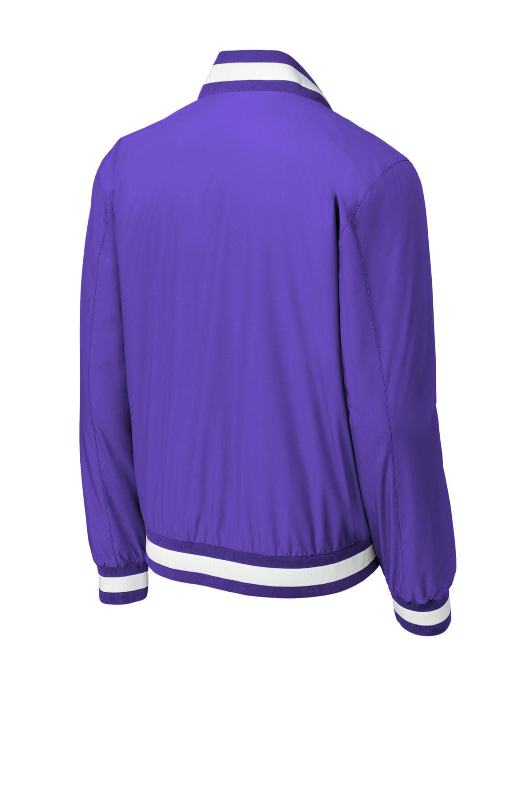 A purple Sport-Tek Insulated Varsity Jacket featuring a white striped collar and cuffs, with a logo on the back.