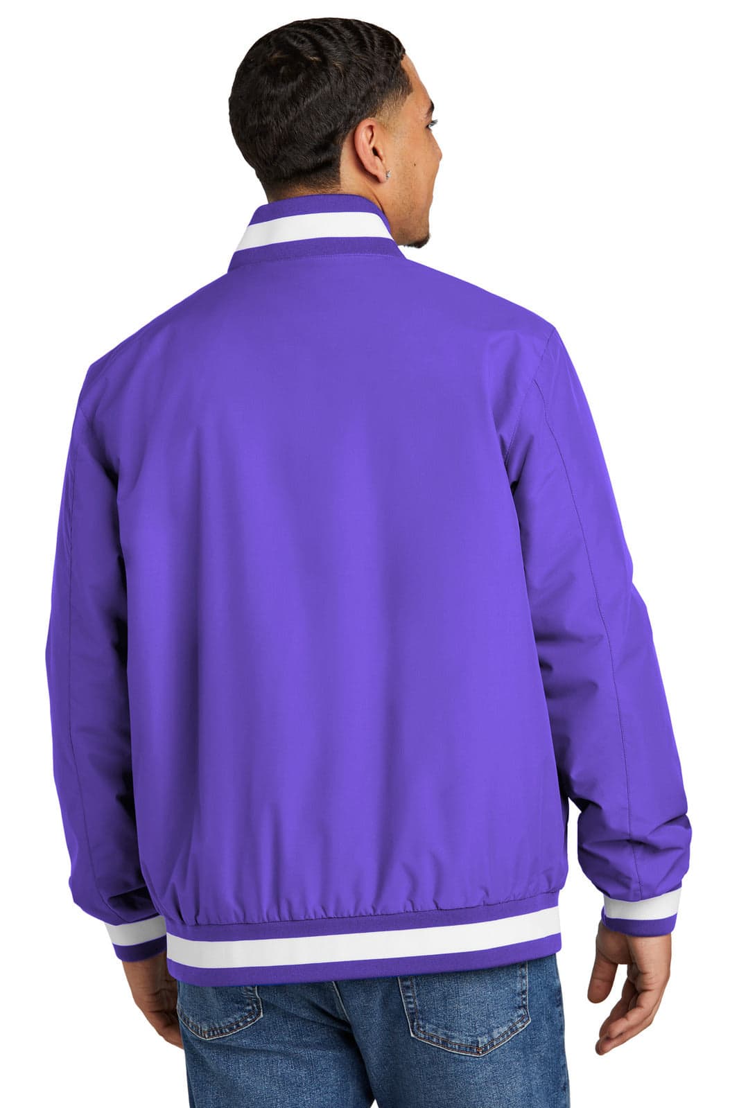 A purple insulated varsity jacket with a white collar and cuffs, featuring a branding logo.