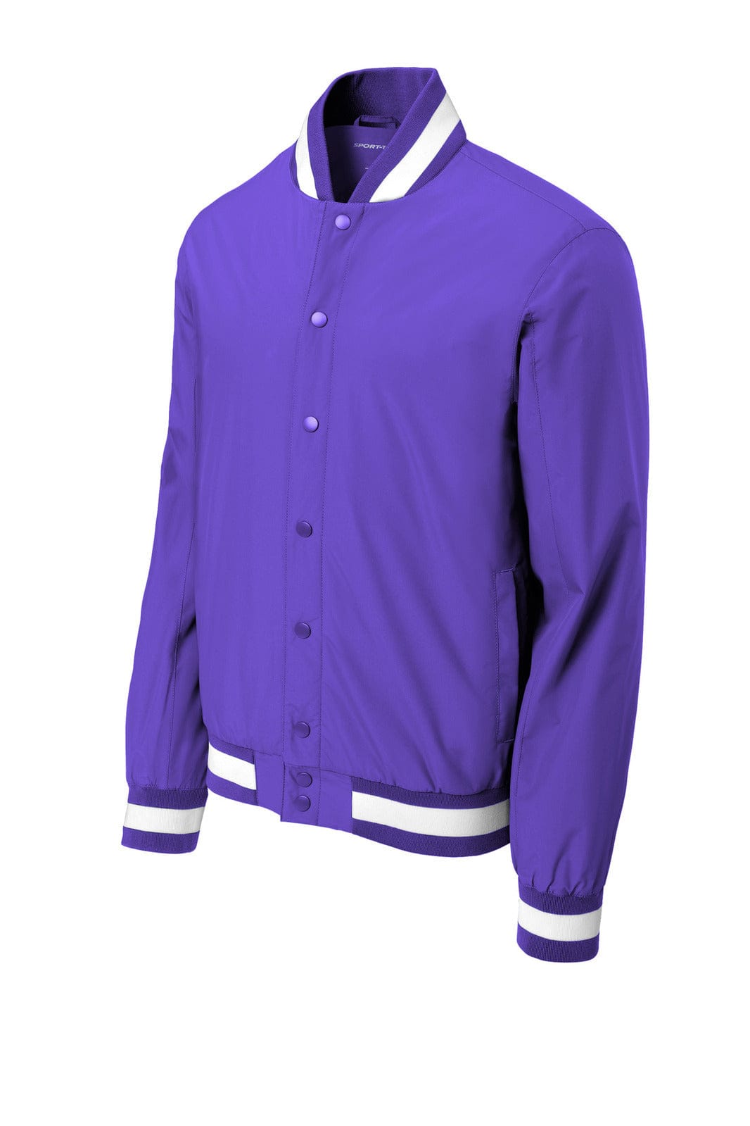 A purple Sport-Tek insulated varsity jacket with white striped accents and a logo on the chest.